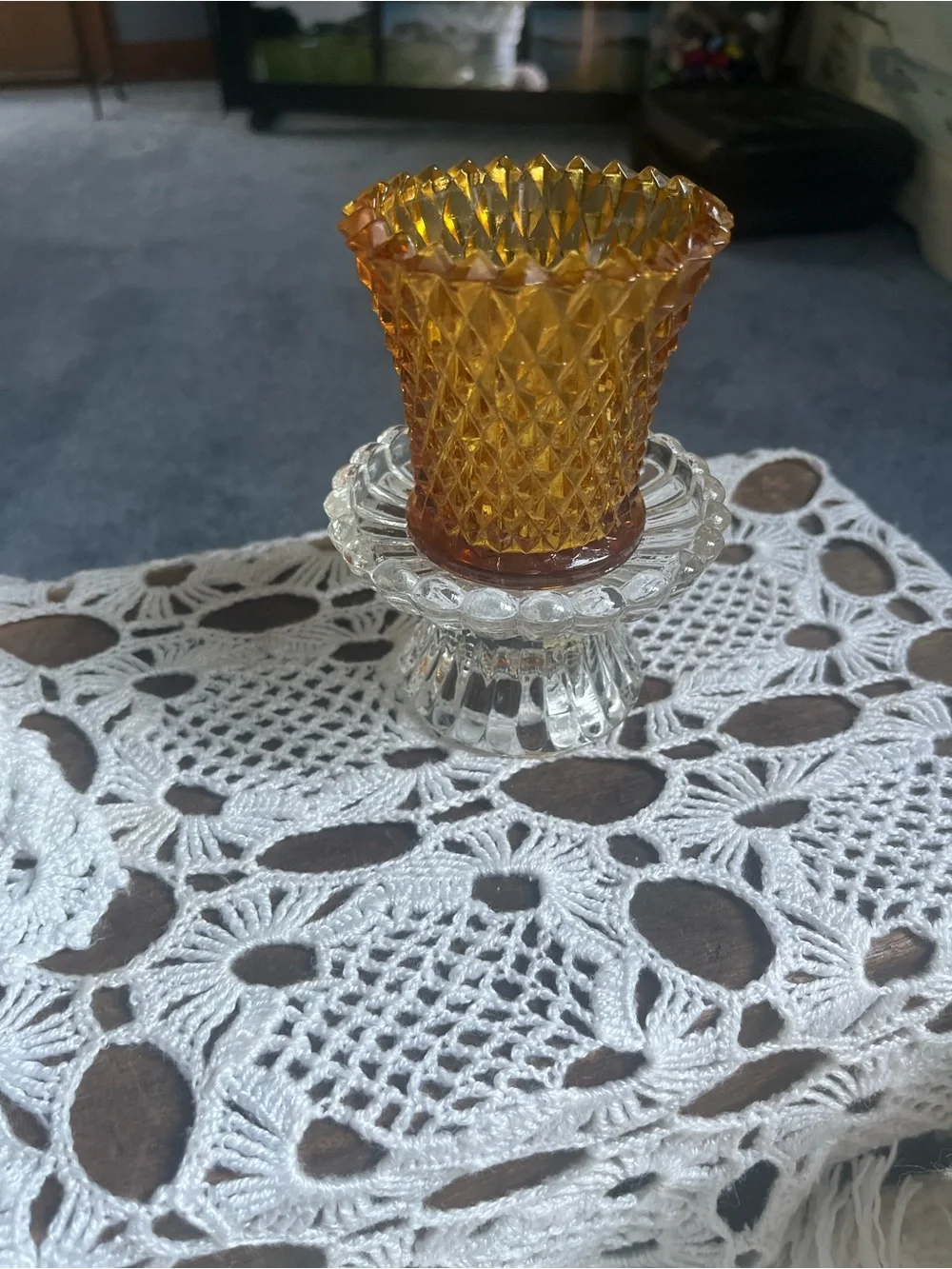 Amber Diamond-Pattern Glass Votive w/ a clear glass candleholder and clear peg